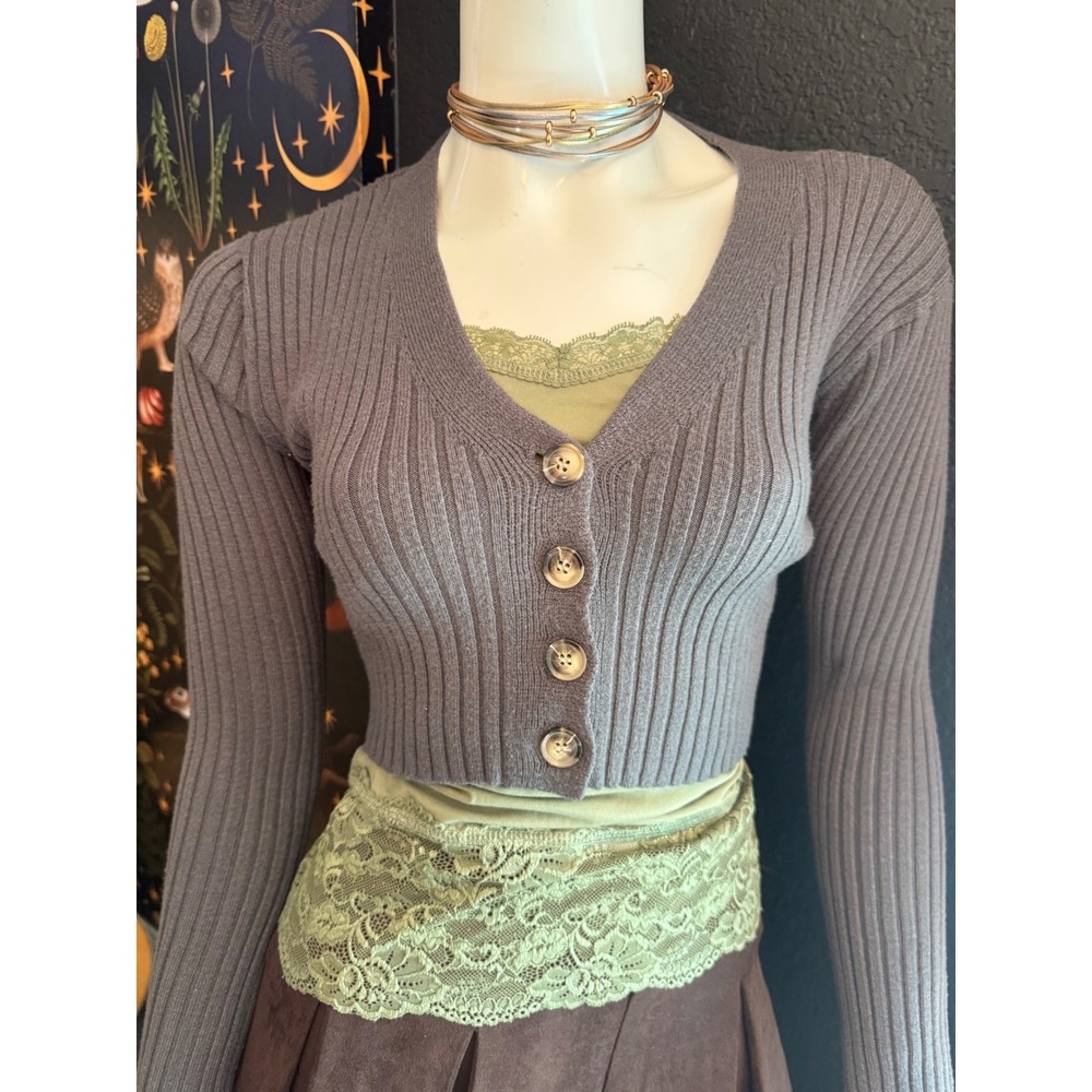 Aster Women Charcoal Gray Ribbed Cropped Cardigan V-Neck Button Front Size M